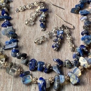 Lapis lazuli quartz silver necklace and earrings set